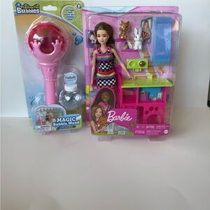 Barbie 11.5 Inch Doll Pet Playset + Light Up Magic Bubble Wand Toy Bundle New